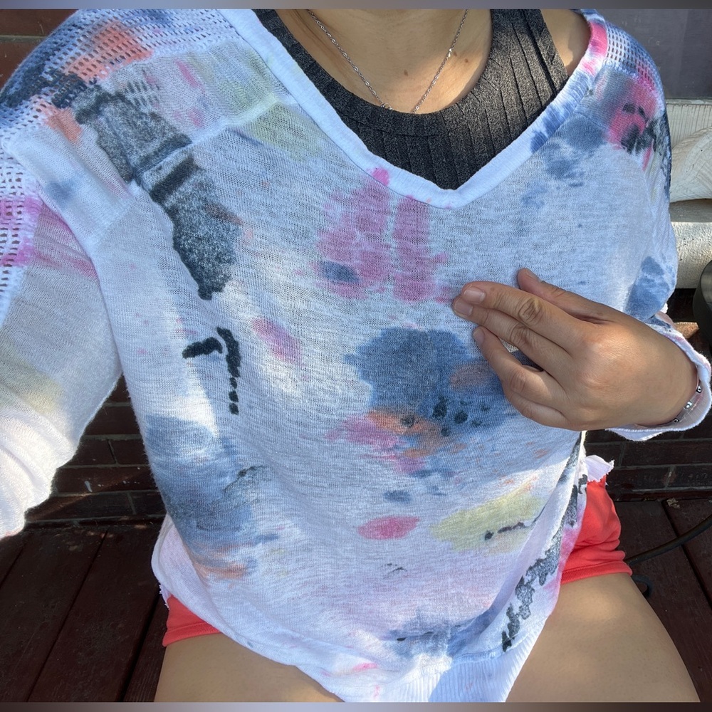 Boho Paint Splatter Tie Dye Mesh Gauze Sheer Top Blouse Rainbow Swim Cover Up L